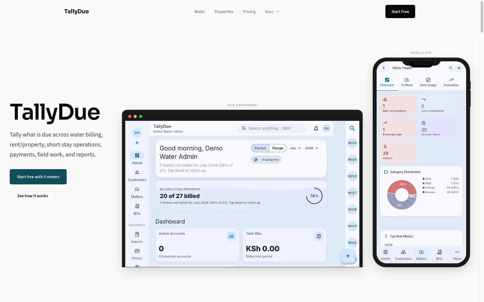 TallyDue web dashboard and mobile meter health view